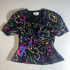 1980s Vintage 100% Silk Daisy Bowling Alley Print Top, Size 10 by Silk Studio